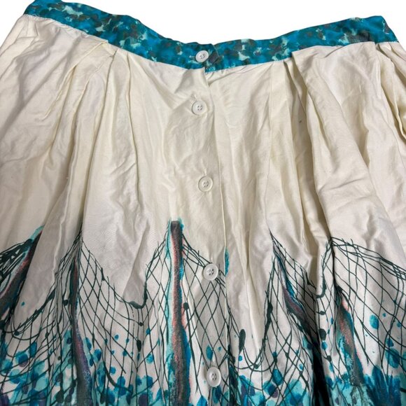 Retro Retrospecd Ocean Print Skirt Size 14 Full Button Front Full Circle Pinup - Picture 2 of 6